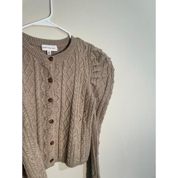 Something Navy Charlie Puff Sleeve Cable Knit Cardigan in Oatmeal Color - Picture 5 of 12